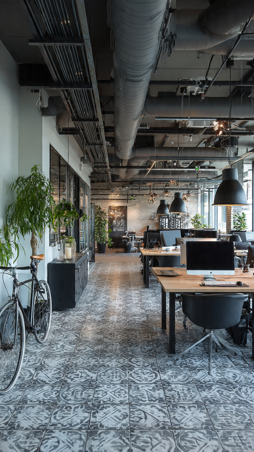 Licht modern kantoor met open ruimte, houten bureaus met computers, zwarte stoelen, grote hanglampen en planten naast een zwart fiets aan de linkerkant.